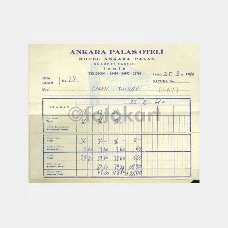 1970 İzmir Ankara Palas Oteli Faturası