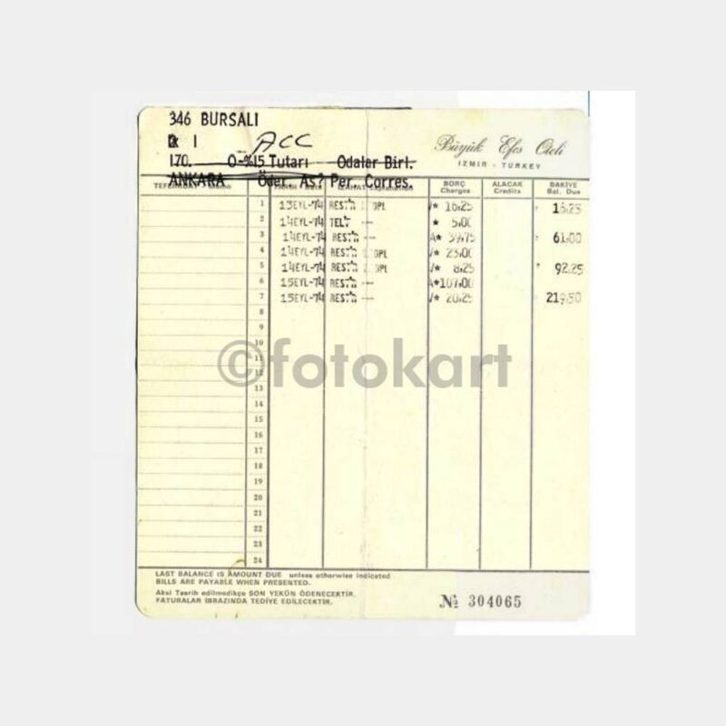 1974 İzmir Büyük Efes Oteli Faturası