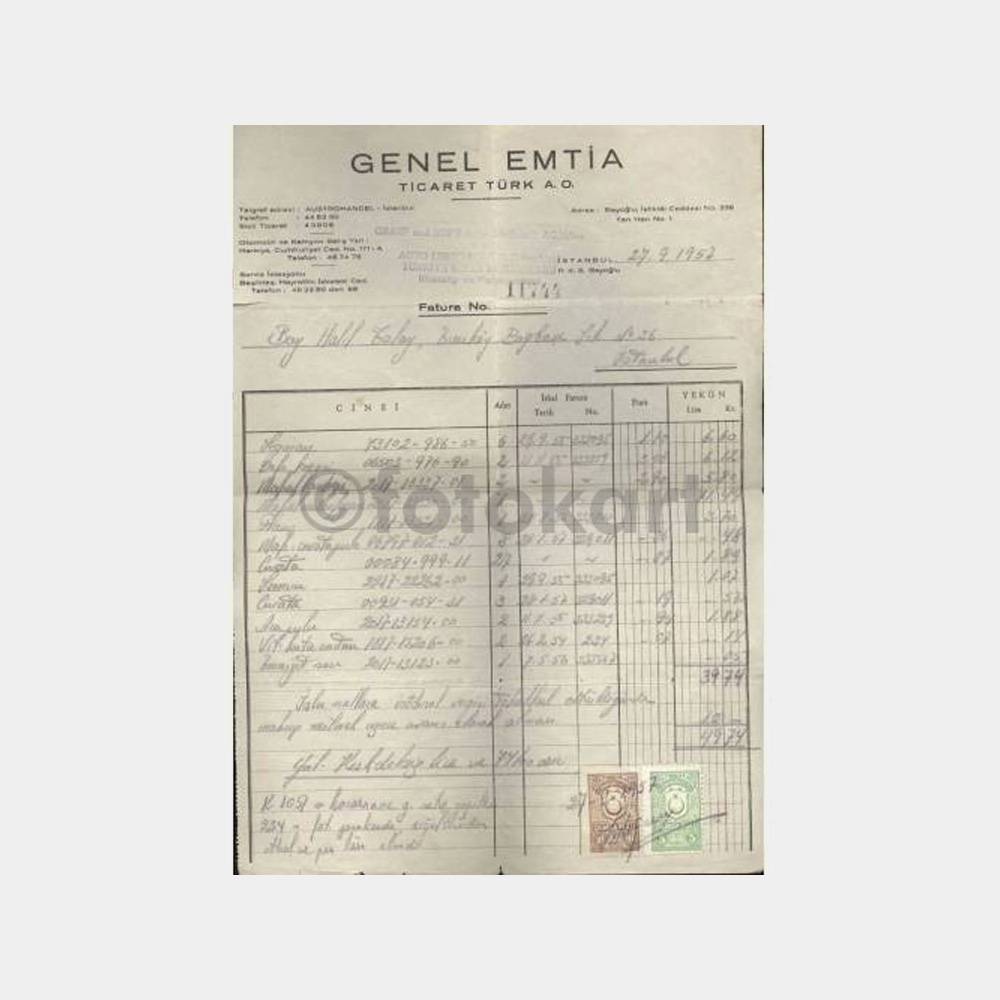 1957 Genel Emtia A.Ş. Otomobil Yedek Parça Fatura