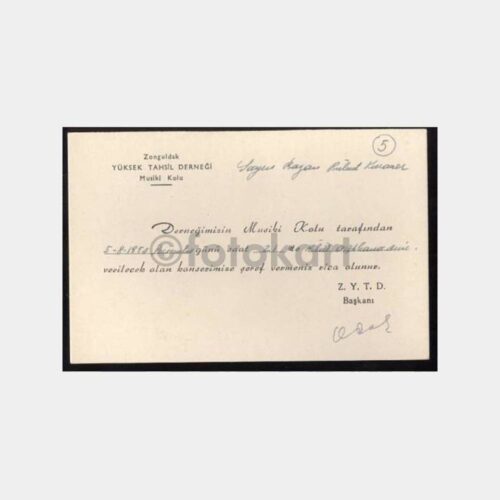 1954 Zonguldak Yüksek Tahsil Derneği Davetiyesi