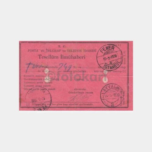1938 Ayvalık Posta Damgalı Alındı Makbuzu