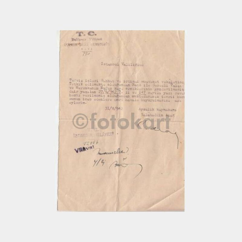 1942 Ayvalık Kaymakam İmzalı Yazı