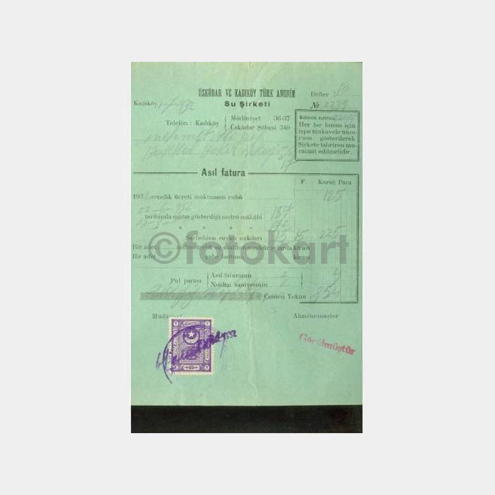 1932 Üsküdar ve Kadıköy Su Şirketi Faturası