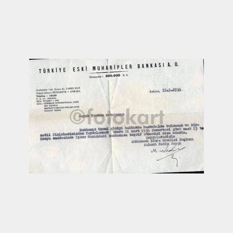 1953 Türkiye Eski Muharipler Bankası Efemera