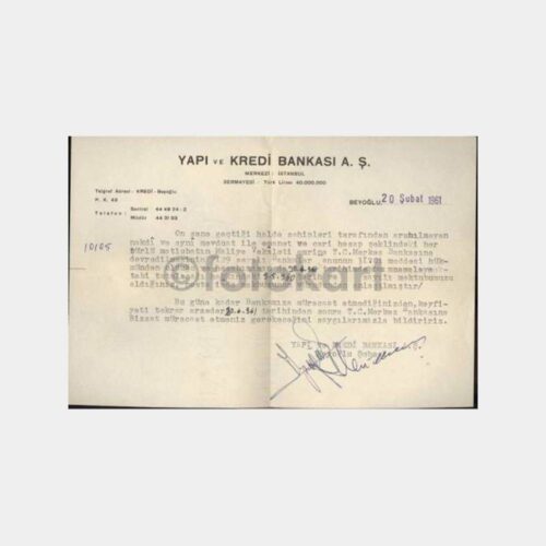 1961 Yapı Kredi Bankası Beyoğlu Şb. Yazısı