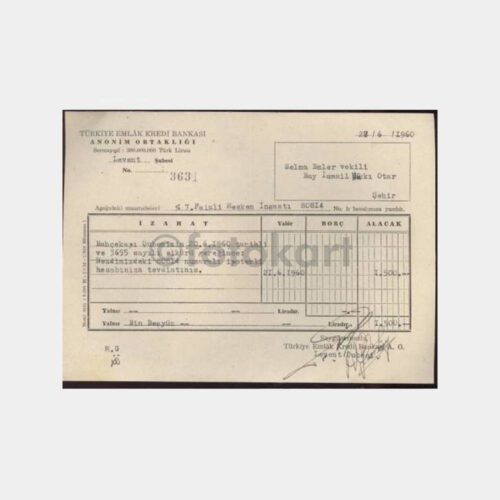 1960 T. Emlak Bankası Levent Şb. Dekontu