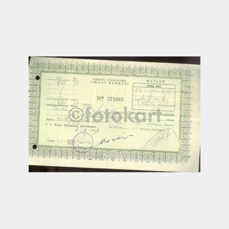1959 Ziraat Bankası Dikili Şb. Makbuzu