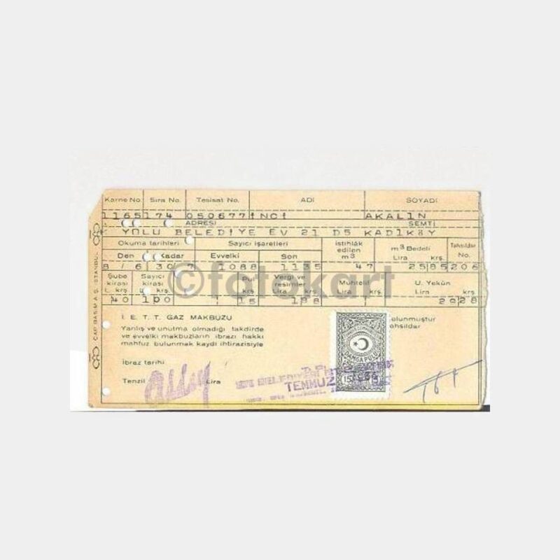 1964 Kadıköy Koşuyolu Havagazı Fatura Kartı