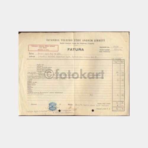 1934 İstanbul Eminönü 22558 Nolu Telefon Faturası