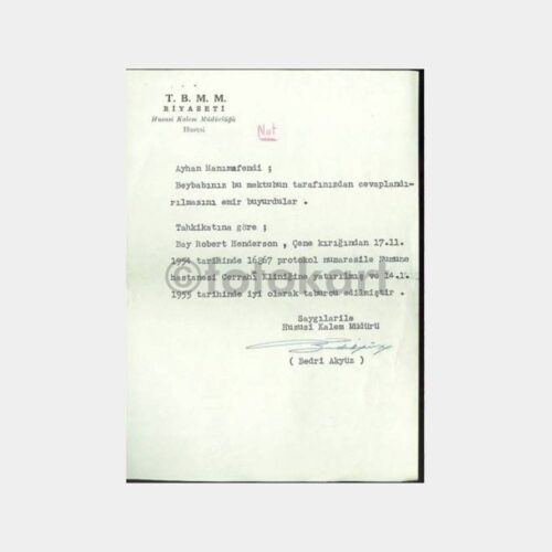 1955 T.B.M.M. Riyaseti Hususi Kalem Md Yazısı