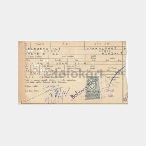 1965 Üsküdar Kısıklı - Delikli Elektrik Sarf Kart Faturası