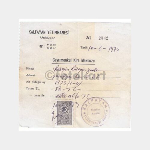1973 Üsküdar Kalfayan Yetimhanesi Makbuzu