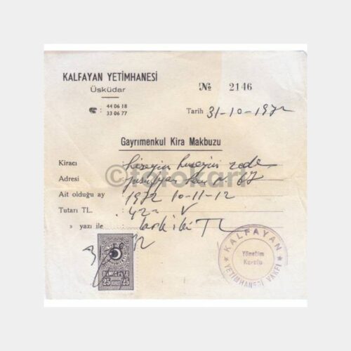 1972 Üsküdar Kalfayan Yetimhanesi Makbuzu