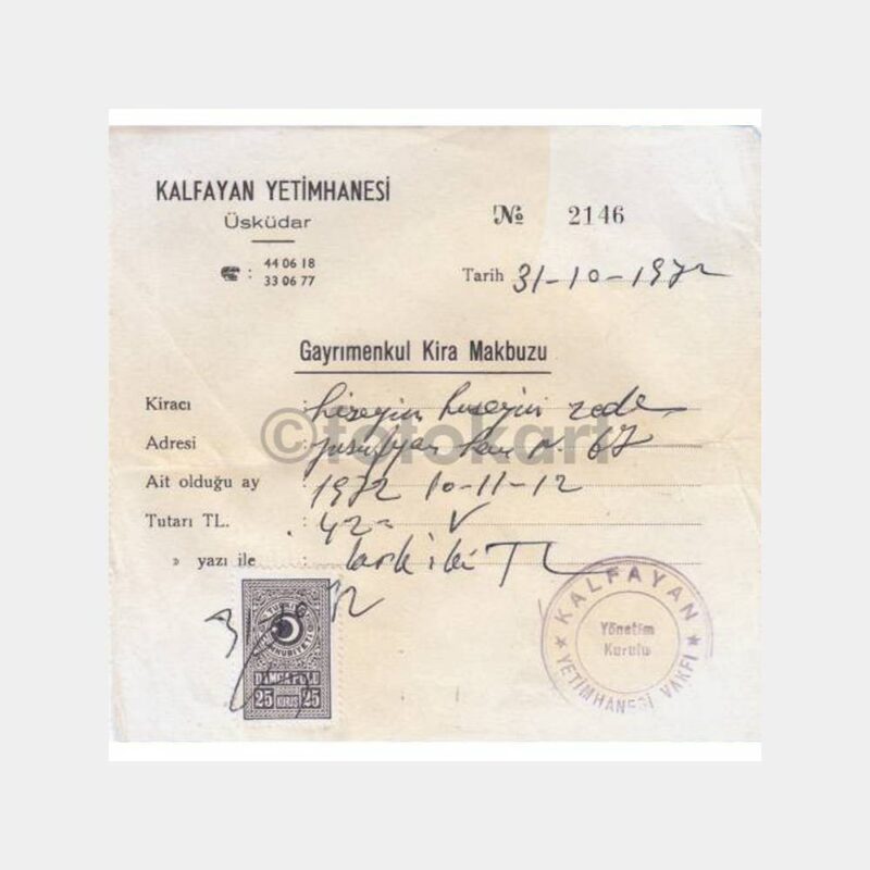 1972 Üsküdar Kalfayan Yetimhanesi Makbuzu