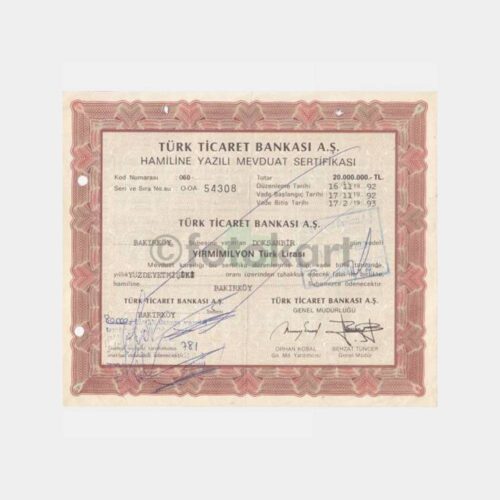 1992 T. Ticaret Bankası Hamiline Mevduat Sertifikası