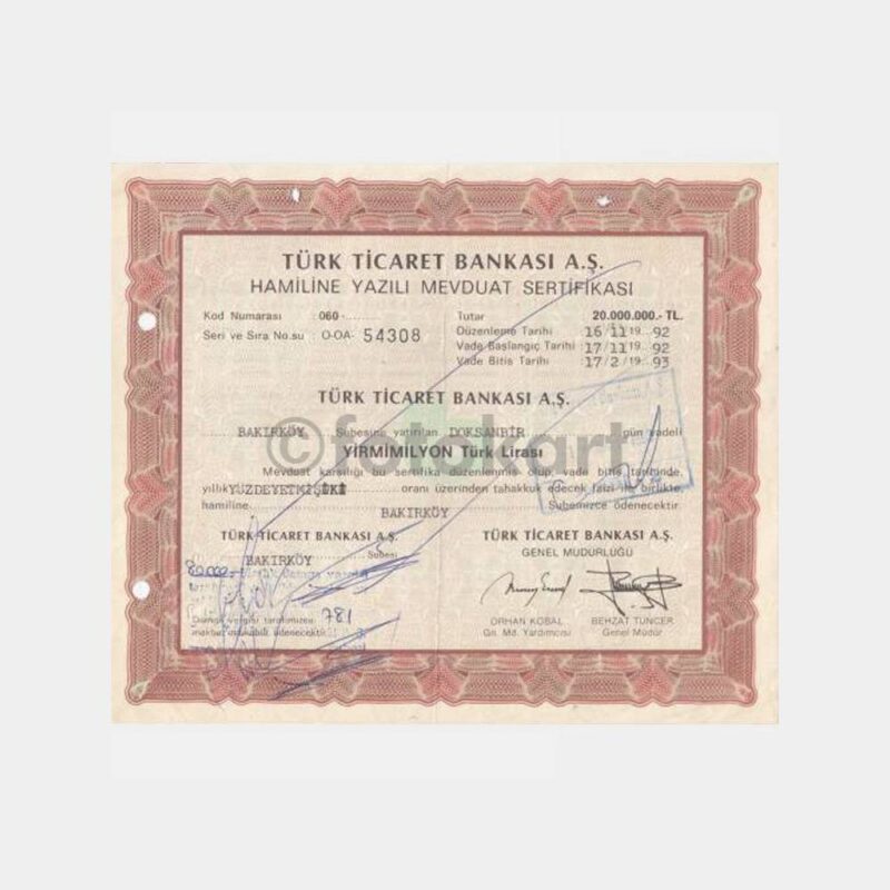 1992 T. Ticaret Bankası Hamiline Mevduat Sertifikası