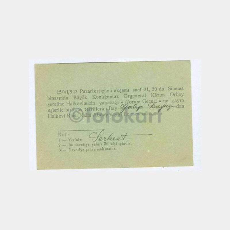 1942 Çorum Gecesi Davetiyesi