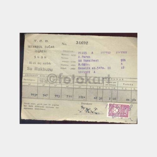 1938 İstanbul Sular İdaresi Makbuzu