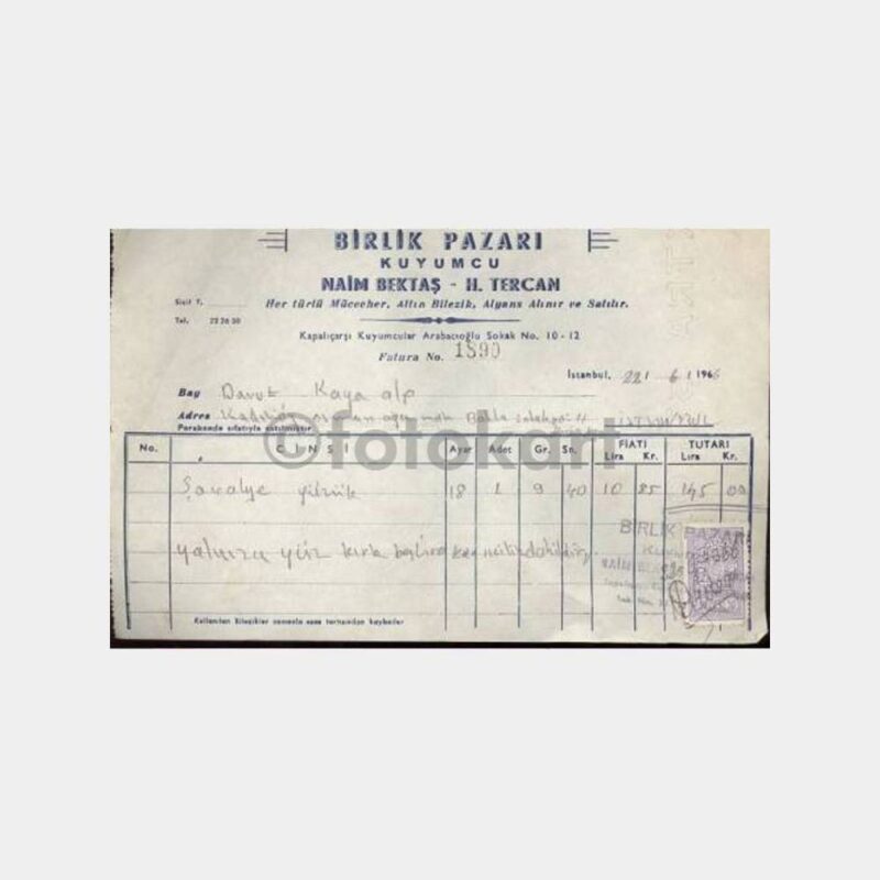 1966 Kapalı Çarşı Kuyumcu Faturası