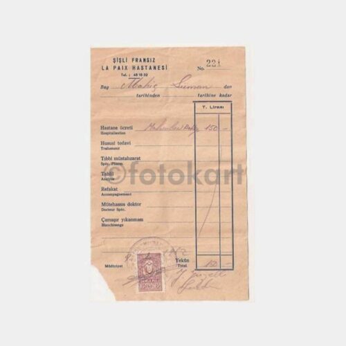 1962 Şişli La Paix Hastanesi Makbuzu