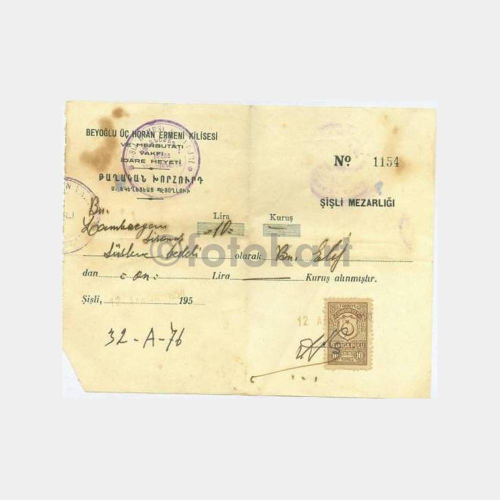 1950 Beyoğlu Üç Horon Ermeni Kilisesi Makbuzu