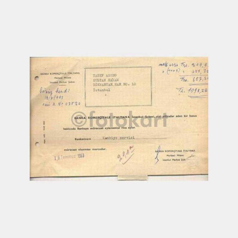 1963 Banka Komerçiyale İtalyana Mektup