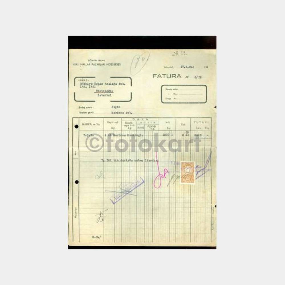 1941 Sümerbank - Şapka Fabrikasına Malzeme Faturası