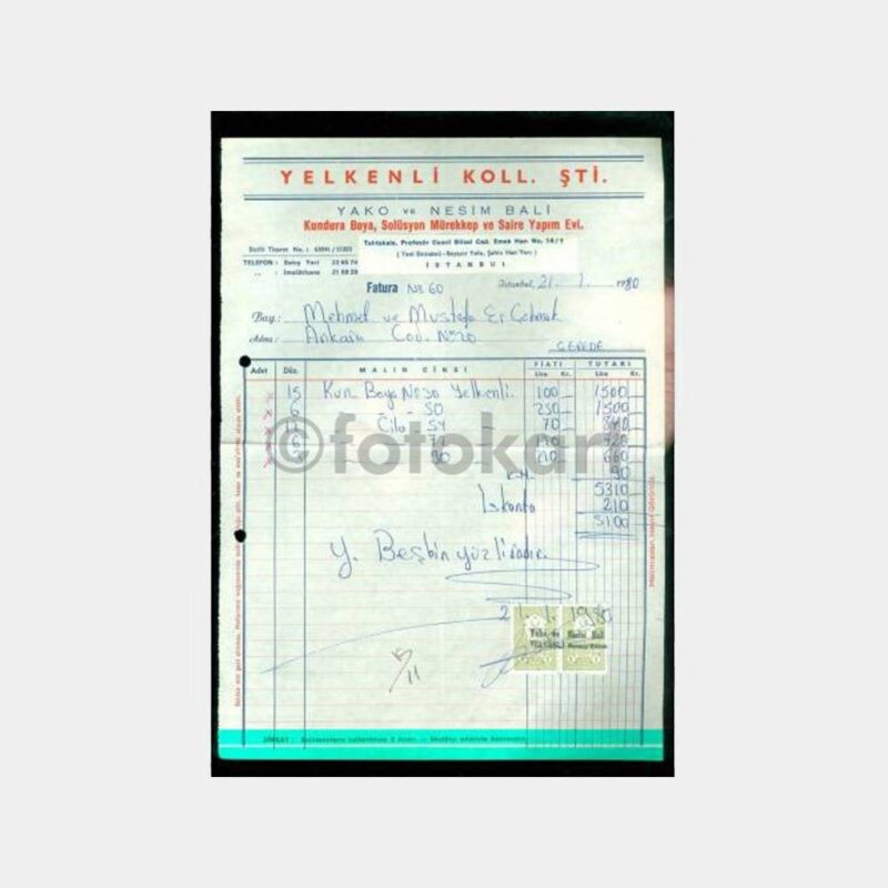 1980 Tahtakale Esnafı Konulu Fatura