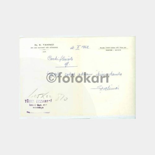 1962 Dr. E. Tahinci Göz Mütehassısı Reçete