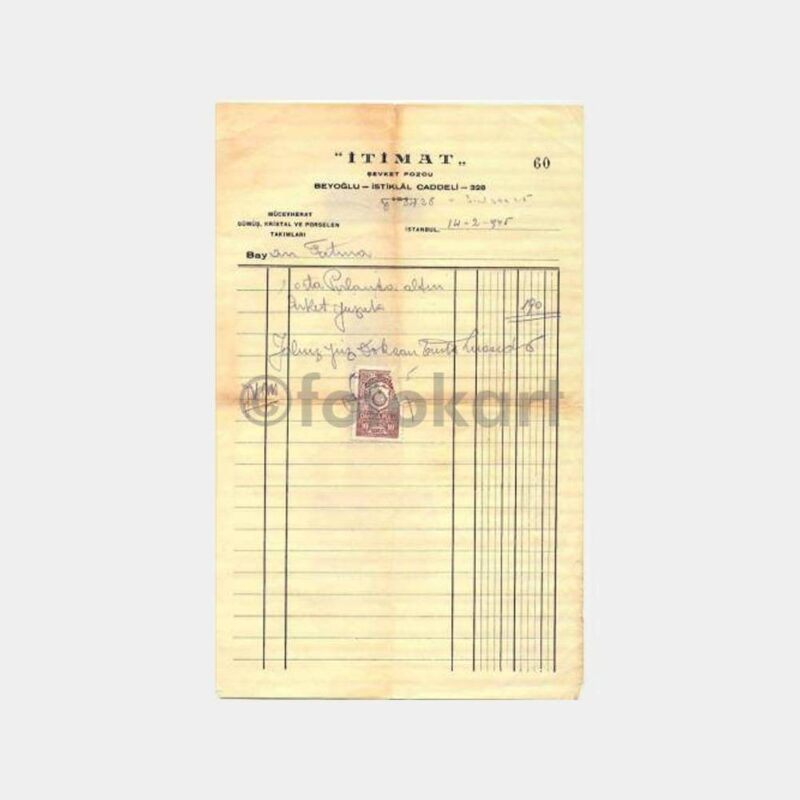 1945 Beyoğlu İtimat Kuyumcu Faturası
