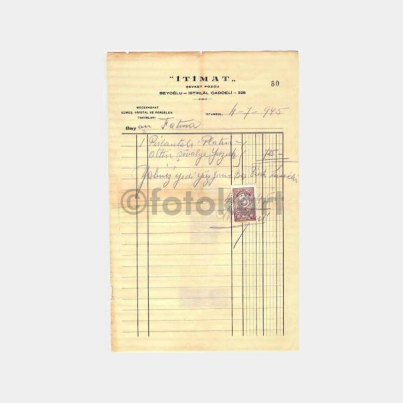 1945 Beyoğlu İtimat Kuyumcu Faturası