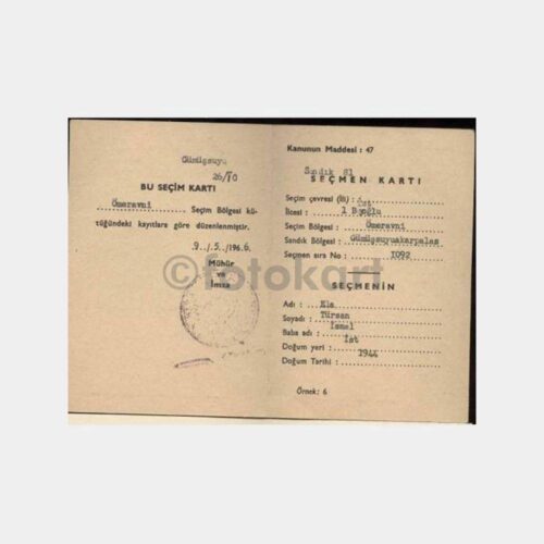 1966 Beyoğlu Ömeravni Mah. Seçmen Kartı