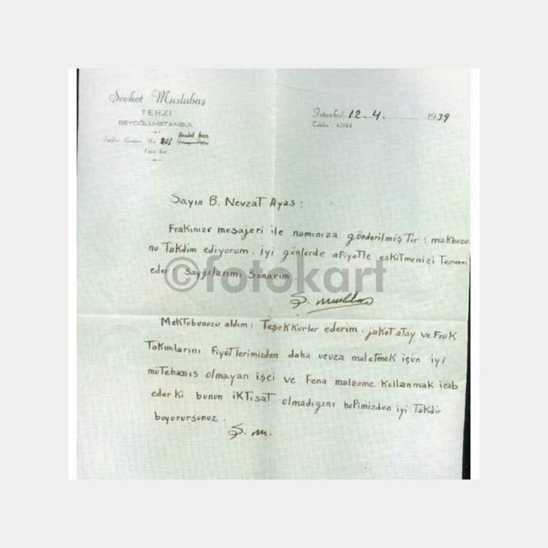 1939 Beyoğlu Terzi Sipariş Mektubu