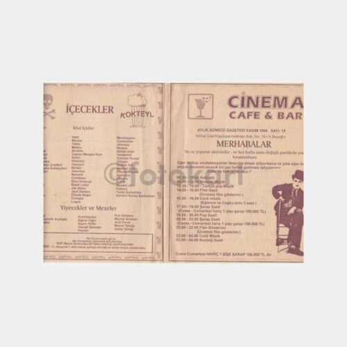 1994 Beyoğlu Cinema Cafe Bar Program Menü