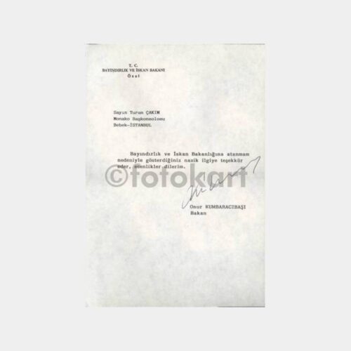 Bayındırlık Bakanı Onur Kumbaracıbaşı - Tebrik Kartı