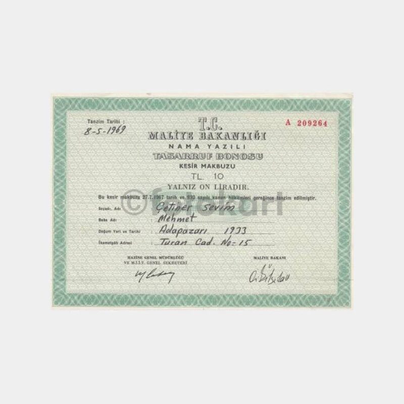 1969 Tasarruf Bonosu Kesir Makbuzu