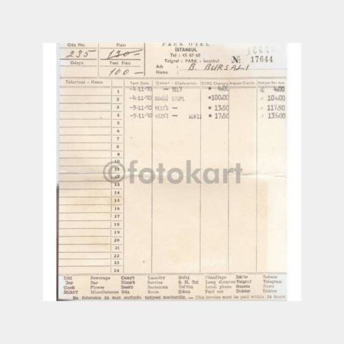 1970 Taksim Gümüşsuyu Park Oteli Faturası