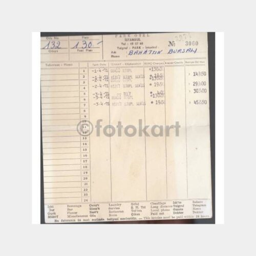 1971 Taksim Gümüşsuyu Park Oteli Faturası