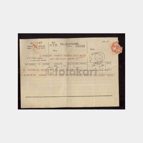 1934 Trabzon Varış Damgalı Telgraf