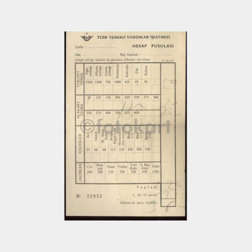 TCDD Tren Yemekli Vagonlar Hesap Pusulası
