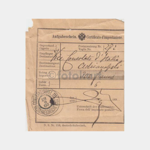 1900 İstanbul Avusturya Posta Damgalı Makbuz