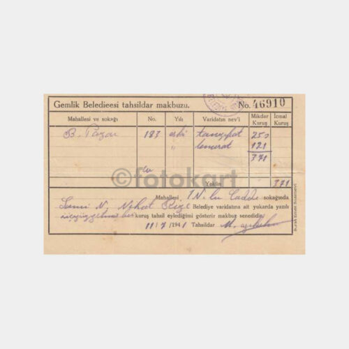 1941 Gemlik Belediyesi Makbuzu