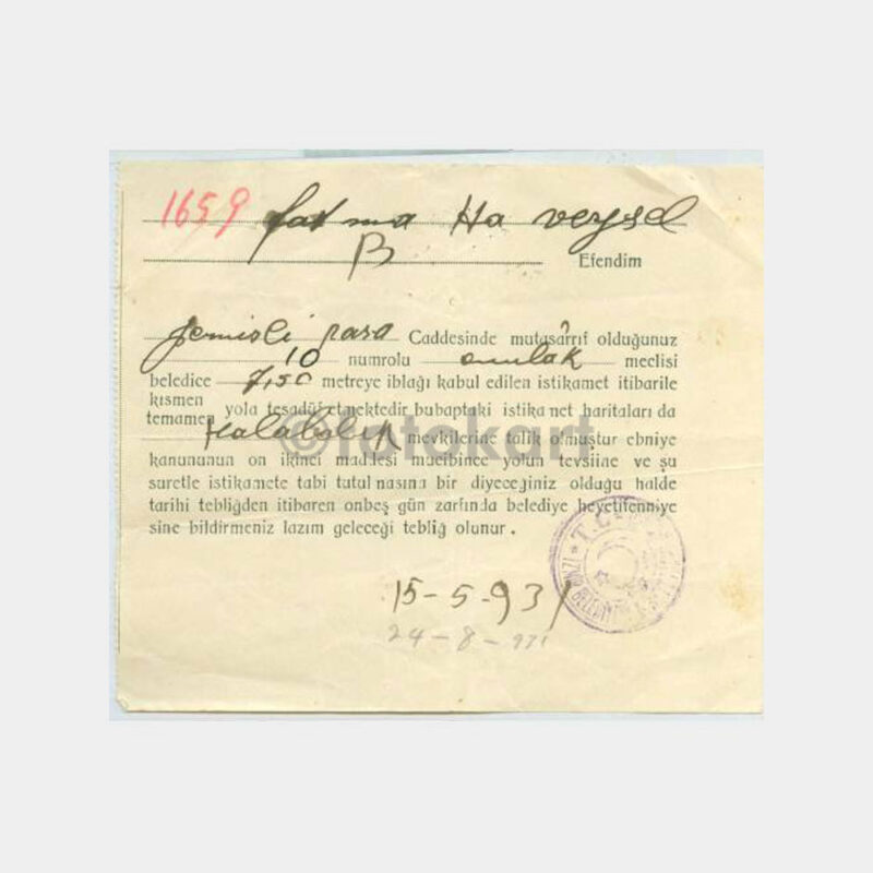 1931 İzmir Belediyesi Tebligat Mektubu