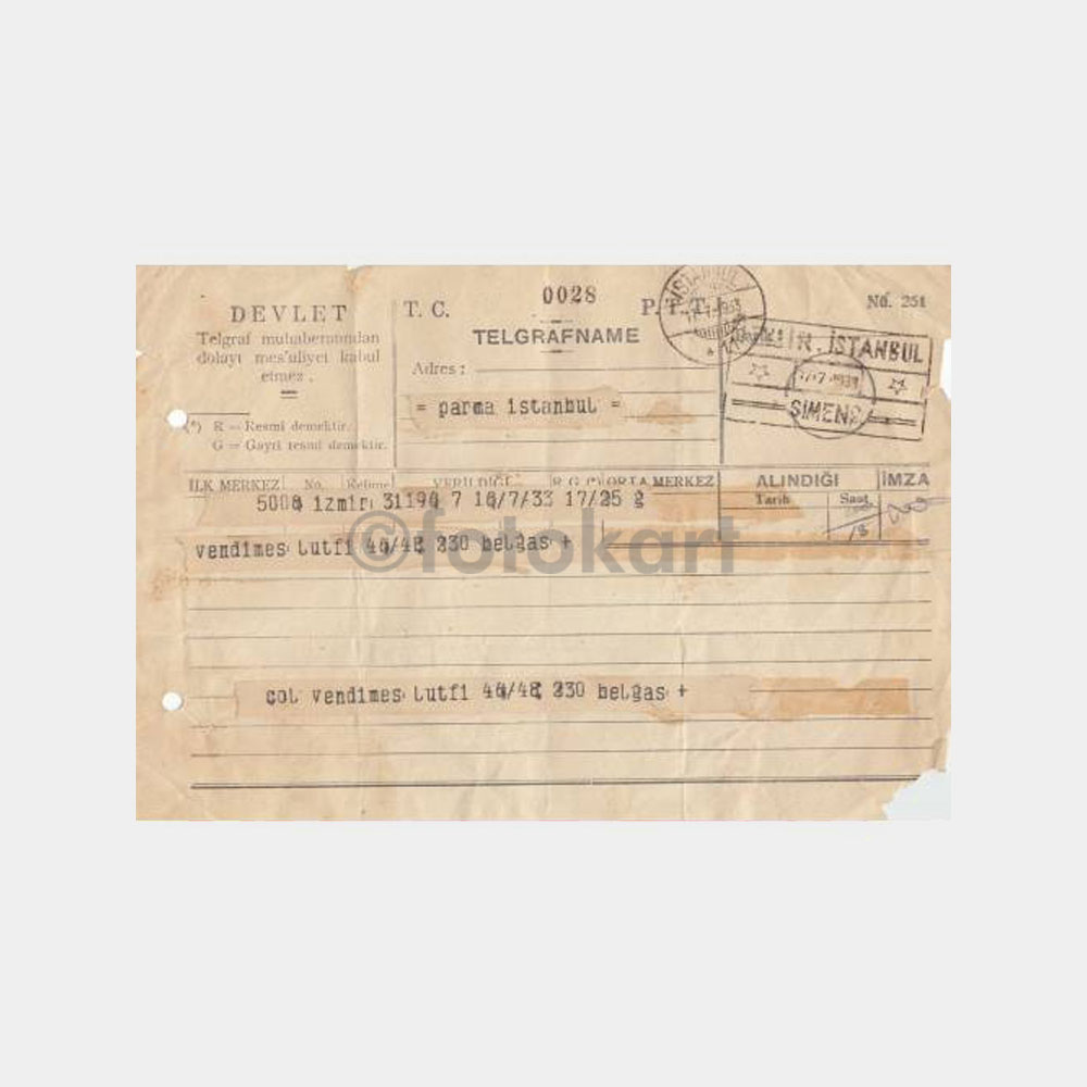 1933 İstanbul-İzmir Kablo Telegrafname