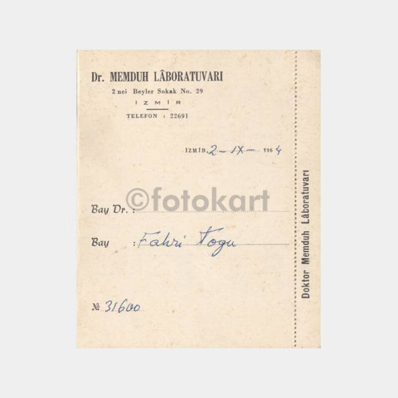 1954 İzmir Dr Memduh Laboratuvar Kartı