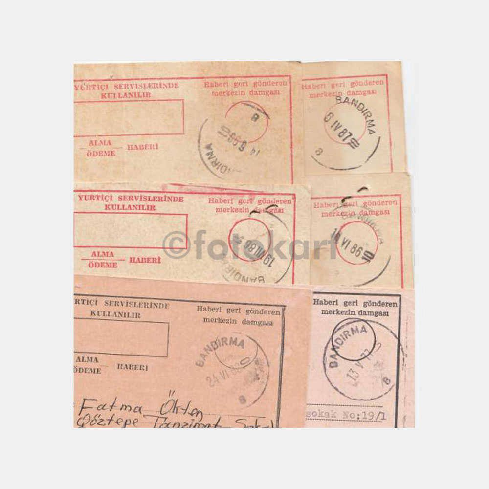 Bandırma Posta Damgalı 6 Adet Taahhütlü Kartı