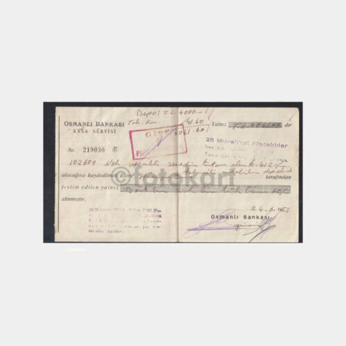 1956 Osmanlı Bankası Yenicami Şb. Kasa Makbuzu