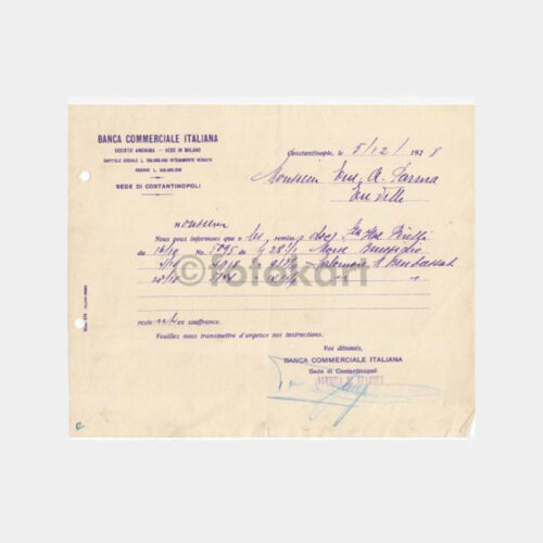 1928 İtalyan Bankası İstanbul Şubesi Makbuzu