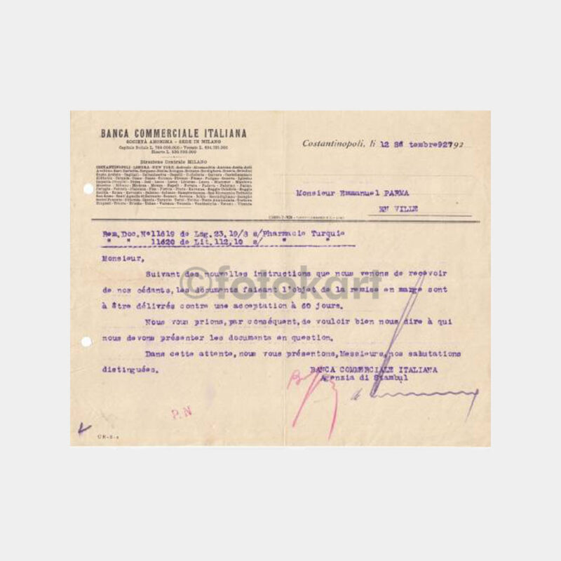 1927 İtalyan Bankası İstanbul Şubesi Makbuzu