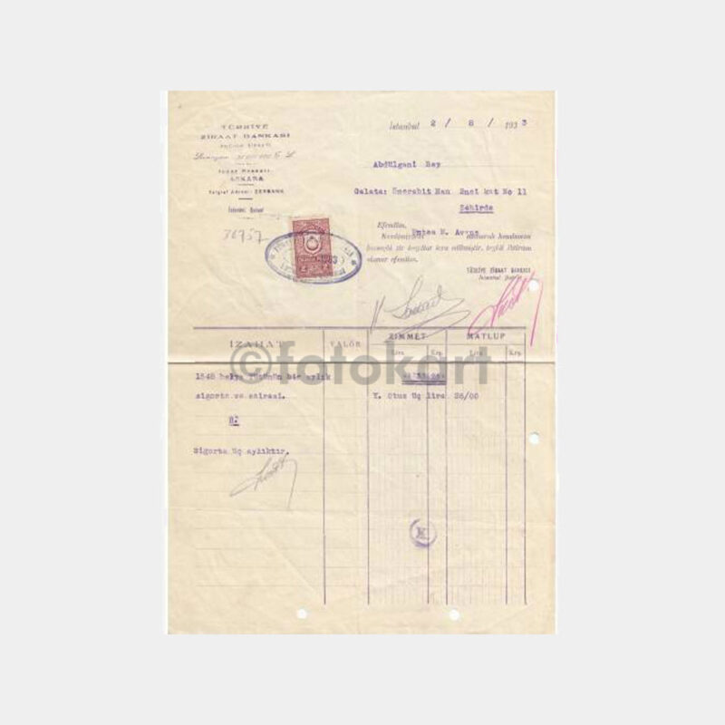 1933 Ziraat Bankası Tütün Sigorta Belgesi